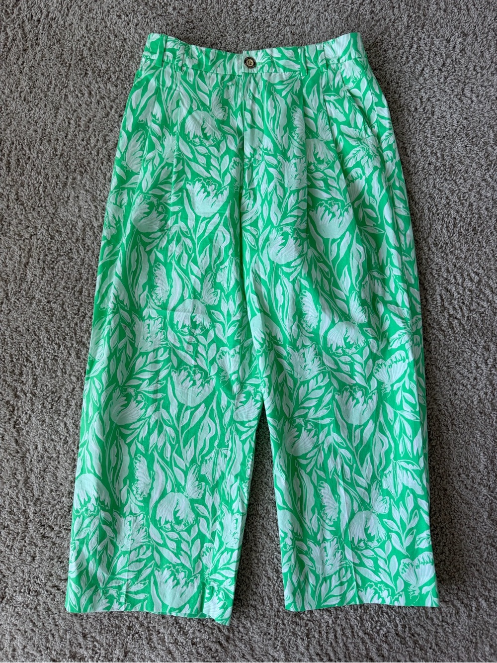 Lilly Pulitzer Mandalay Green and White Floral Cropped Wide-Leg Pants